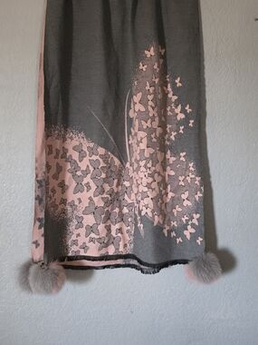 La Fiorentina Pink and Gray Butterfly-Print Scarf with Pom Trim